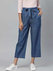 Culottes en jean bleu élégantes pour femmes, taille mi-haute, avec lien à nouer à la taille, confortables, décontractées, pour le quotidien, le bureau, les voyages - Product Image 4