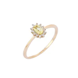 趋势天然半宝石柠檬石英配钻石宝石戒指14k实心黄金簇戒指精品珠宝女性