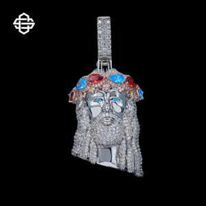 Collier pendentif visage de Jésus glacé de luxe pour hommes chaîne cubaine plaquée argent Hip Hop avec bijoux en pierres CZ colorées - Product Image 4