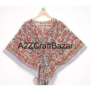 Robe kaftan mi-longue bohème sexy en coton 100% fait main, imprimé floral, col en V, manches courtes, silhouette moulante, écologique, respirante - Product Image 3