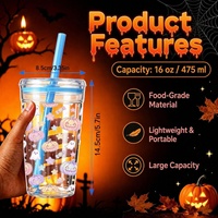 Gobelets en plastique transparent de 16 oz pour fêtes d'Halloween avec couvercle à vis, paille réutilisable, impression personnalisée, cadeaux