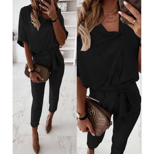 Women's Short Sleeve Collared Front Buttoned Crinkle Blouse and <b>Trousers</b> Two-Piece Set, 34912 - Black - Product Image 1