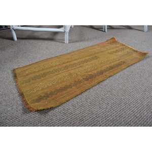 Vintage Turkish Rug, 1.2x2.9 ft Small Rug, <b>Brown</b> Green Abstract <b>Wool</b> Rug - Product Image 5