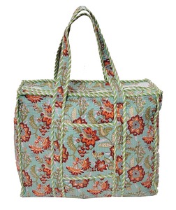 Bolso de mano de algodón a la moda de fabricante, bolso de viaje de hombro acolchado con estampado de bloques de mano de diseñador con cierre de cremallera de gran tamaño - Product Image 1