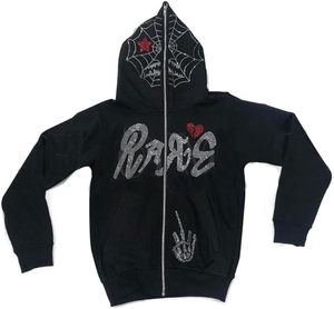 เสื้อมีฮู้ดประดับพลอยเทียมกราฟิก Y2K แจ็คเก็ตซิปเต็มตัวเสื้อฮู้ดโอเวอร์ไซส์สไตล์โกธิคสำหรับผู้ชายเสื้อสเวตเชิ้ตลำลอง - Product Image 1