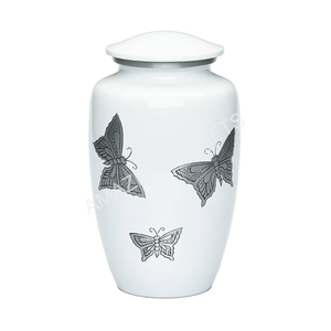 Urne funéraire en métal pour adulte, artisanale, avec motif de papillon blanc gravé, urne commémorative en aluminium - Product Image 1