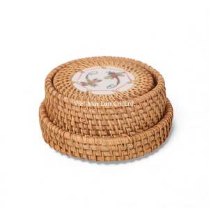 Classic Natural Rattan Coaster <b>Set</b> With Tray For <b>Beverage</b> <b>Serving</b> And Decorative Table Organization - Product Image 2