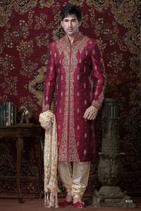 Superbe ensemble Sherwani de mariage 2024 pour marié couleur marron perles de verre cristal brodées Dabka travail respirant grande taille - Product Image 2