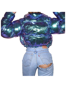 แจ็กเก็ตขนเป็ดให้ความอบอุ่นในฤดูหนาวของผู้หญิงเสื้อโค้ทผ้าไนลอนระบายอากาศมีซิปปิดพิมพ์ลายเสื้อครอปสไตล์ - Product Image 3