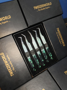 Juego de pinzas para pestañas con estampado de hojas individuales y logotipo personalizado, 5 uds., acero inoxidable, venta al por mayor, suministros cosméticos, TWEEZER WORLD - Product Image 1