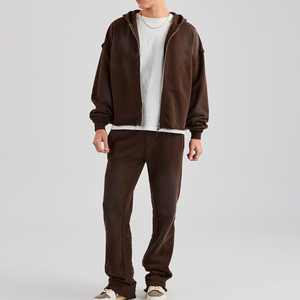 Stylish Hooded Acid Wash Solid Pattern Two-Piece 100% Cotton Breathable Lightweight <b>Tracksuit</b> Set Comfortable Durable Zipper - Product Image 1