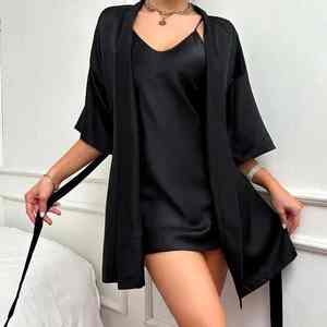 Women's Silk Satin Nightgown Set V-Neck Sleeveless Dress Quarters Sleeves <b>Elastic</b> <b>Waist</b> <b>Belt</b> Robe 2-Piece Female Sleepwear - Product Image 4