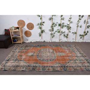 Alfombra turca Vintage 5,4X9,2 pies naranja azul tejido plano retales de lana para decoración para sala de estar con respaldo de látex - Product Image 1