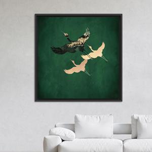 Elegante obra de arte en lienzo con estampado de pájaros verdes de inspiración asiática - Decoración moderna, lienzo con marco NEGRO - Product Image 1