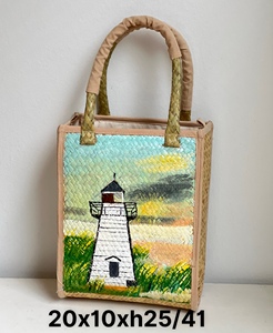 Bolso de Mano Rectangular Artesanal de Hierba de Junco con Dos Asas, Cierre de Cremallera Vibrante, Decoraciones Ecológicas Pintadas a Mano, 1L - Product Image 6