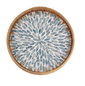 Plateau décoratif en os incrusté pour la maison, l'hôtel, le restaurant, plateau de service pour la nourriture, la salade et les fruits, vaisselle en rotin, plateau de service arrondi - Product Image 2