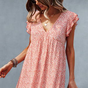 Vestido de Chifón con Estampado Floral y Cuello en V, Personalizado, Talla Grande, Sexy, Casual, con Volantes, Manga Corta, Decoración con Patrón de Princesa - Product Image 1