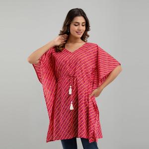 Free Size Pink Leheriya Print Cotton <b>Kaftan</b> Dress Elegant Hippie Style for Summer <b>Beach</b> Day ODM Supply-SHKUP1225 - Product Image 4