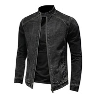 Chaqueta Bomber Vintage de Alta Calidad para Hombre, 100% Algodón, con Capucha, Cuello Alto, Estilo Motero, Abrigo de Mezclilla, Prenda Exterior Negra