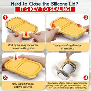 Boîtes à goûter en acier inoxydable à 2 compartiments avec couvercles en silicone, boîte à lunch bento réutilisable en acier inoxydable pour l'école, le bureau - Product Image 5