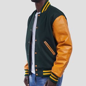 Chaqueta Varsity Unisex Personalizada al por Mayor, Cuerpo de Lana, Mangas de Cuero, Cierre de Cremallera, Diseño Retro Americano con Parches - Product Image 3