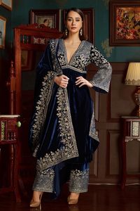 ชุด2024สำหรับปาร์ตี้/งานแต่งงานชุดเดรสผ้ากำมะหยี่สีกรมท่าปักลายสไตล์อินเดีย/ปากีสถาน - Product Image 2