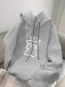 Sweat-shirt à capuche gris 100% coton tricoté coupe classique couleur unie pour l'automne, vêtement décontracté - Product Image 1
