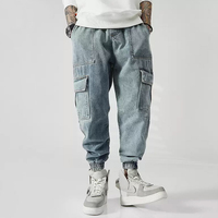 Celana Denim Cargo Kasual Pria Model High Street Style, Bahan Katun OEM, Potongan Lebar, Pinggang Sedang, Longgar, dengan Logo Kustom