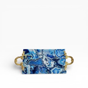 Rectangular Blue Natural Agate Stone Serving Tray with Polished <b>Crystal</b> Pattern and Ornate Antique Gold Side Handles - Product Image 1
