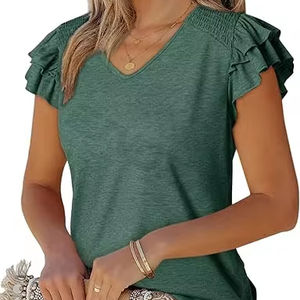 Blusas de punto casuales elegantes para mujer-blusas de camisetas acanaladas de color sólido con manga con volantes - Product Image 1