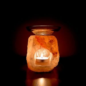 Bruciatore di Essenza di Sale Rosa dell'Himalaya Grezzo da 1 kg con Apertura Frontale e Piattino in Vetro per Aromaterapia con Candele Tea Light - Product Image 1