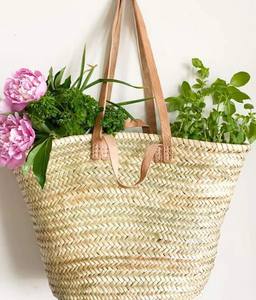 Sac en paille fait main avec du cuir, panier de marché français, sac de marché français, panier en paille - Product Image 1