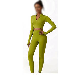 Ensemble de vêtements de sport actif pour femme tendance, taille plus, 2 pièces, uni, devant, haut court, long, respirant, taille élastique, vêtements de sport - Product Image 3