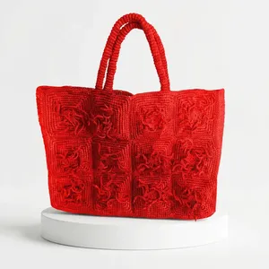 Sac fourre-tout en crochet bleu avec motif géométrique brodé, style bohème, plage d'été, deux poignées, fermeture à glissière, doublure en coton - Product Image 2