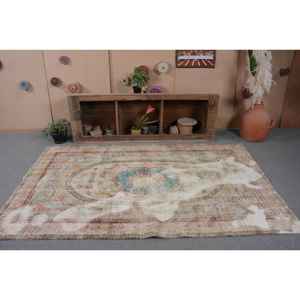 Tapis Turc Vintage 4'9 \ "X 8 'Beige Bleu Fait à la Main Style Boho Laine avec Latex Support Rectangulaire Patchwork Motif pour Chevet - Product Image 4