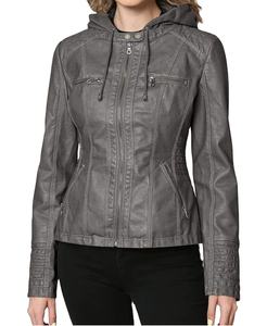 Chaqueta de cuero PU para mujer, abrigo con cremallera, chaqueta de cuero con capucha extraíble de otoño, chaqueta de motocicleta informal de Color camello de manga larga - Product Image 4