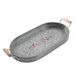Iron Galvanized Serving Tray Handmade Oval Shape for <b>Hotels</b> & <b>Restaurant</b> <b>Supplies</b> Food Serving Tray With Rope Handle - Product Image 3