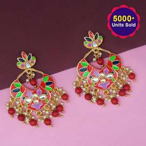 Boucles d'oreilles Kriaa Red Meenakari et perles Kundan Fine Dangle Model 1314209D - Product Image 1