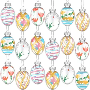 Glass Easter Egg Ornaments Hanging Hand Painted Pastel Easter Egg Holiday Spring Mini Tree Decoration for Easter Party Supplies