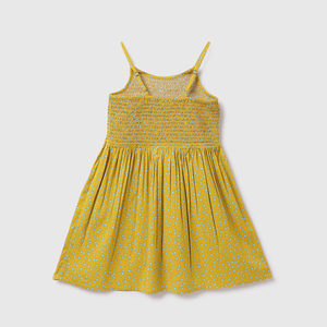 Vestido de verano para niñas, amarillo con estampado floral, de tirantes finos, corte en A, estilo playero, de viscosa, a media pantorrilla, con detalle de pliegues, estilo fiesta - Product Image 1