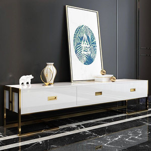 Modern White Painted Wooden TV Stand with 3 Drawers and Bronze-Color <b>Frame</b> KTV68065 Foldable TV Table for Farmhouse Use - Product Image 3