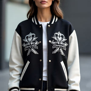 Chaqueta universitaria bordada de chenilla para mujer, chaqueta universitaria informal a prueba de viento con manga de lana y cuello vuelto, chaqueta universitaria para mujer - Product Image 2