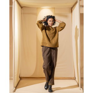 Blusa INAYA 100% Lino con Cuello Asimétrico, Estampado Floral Dibujado a Mano, Dorado/Mustard, Satinado, Ropa Formal de Oficina, Talla XL - Product Image 3