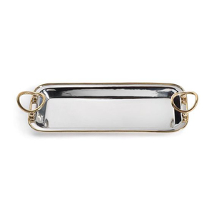 Plateau de service décoratif moderne en métal nickel doré poli, luxueux, avec poignées en boucle, léger, personnalisable, pour mariage et Ramadan - Product Image 1