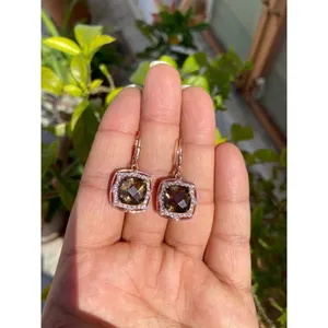 925 <b>Silver</b> <b>Drop</b> <b>Earrings</b> with Smoky Quartz Geometric Ball <b>Drop</b> Trendy Cute Style for Wedding Party or Gift - Product Image 1