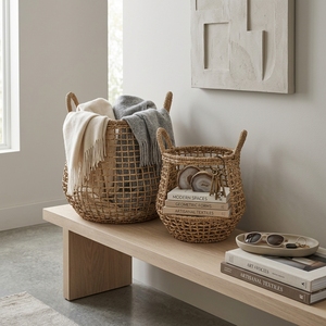 Natural Hand Woven Banana Bark Storage Basket Set Open Grid Mesh Belly Pot Planter Pure Art Arch Handle Decor Setup Room Design - Product Image 4