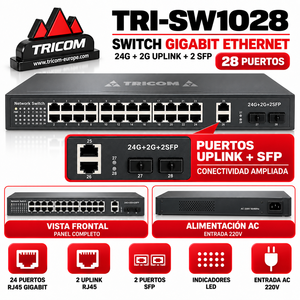 Switch Ethernet Gigabit Full-Duplex TRICOM a 24 Porte, 24 RJ45 + 2 Uplink + 2 SFP, Formato 1U per Rack o Desktop, QoS, Impilabile - Product Image 2