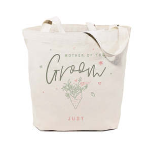 Sac fourre-tout personnalisé à motif floral avec nom, pour la mère du marié, en toile de coton, fermeture ouverte, couleur unie - Product Image 1