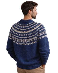 Vintage Fair Isle Knit <b>Sweater</b> Navy Blue And White Pattern <b>Crew</b> <b>Neck</b> Warm Winter Pullover <b>Mens</b> OEM Wholesale Supplier - Product Image 4