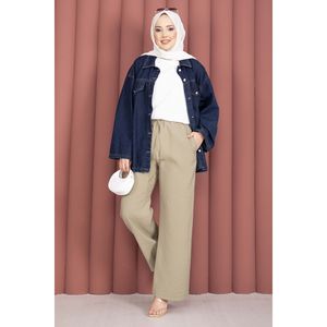 Casual for Tencel <b>Trousers</b> with <b>Elastic</b> Mid <b>Waist</b> Breathable Canvas Wide Leg Design Green Olive with Pockets - Product Image 3